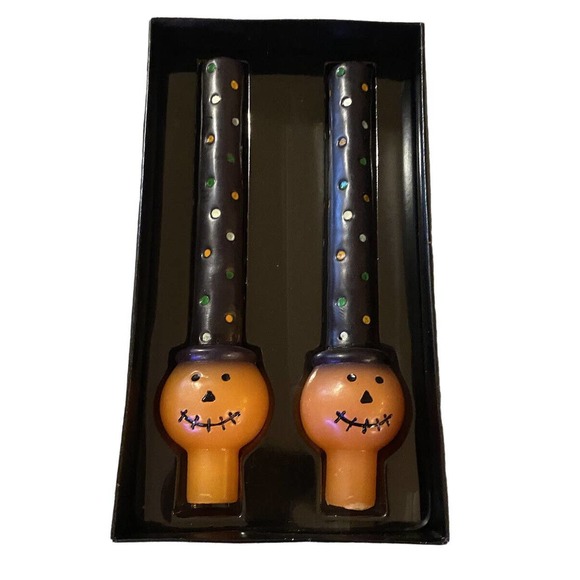 NIB Set of 2 Vintage Halloween Pumpkin Jack O Lantern Taper Candles Polka Dots‎ - Picture 1 of 5